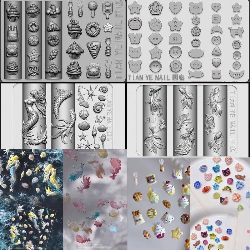 Resin Art Template - 3D Weiche Silikon-Nagel-Schablonen mit Ozean-Meerjungfrauen-Motiv, Nagelkunst-Formen,