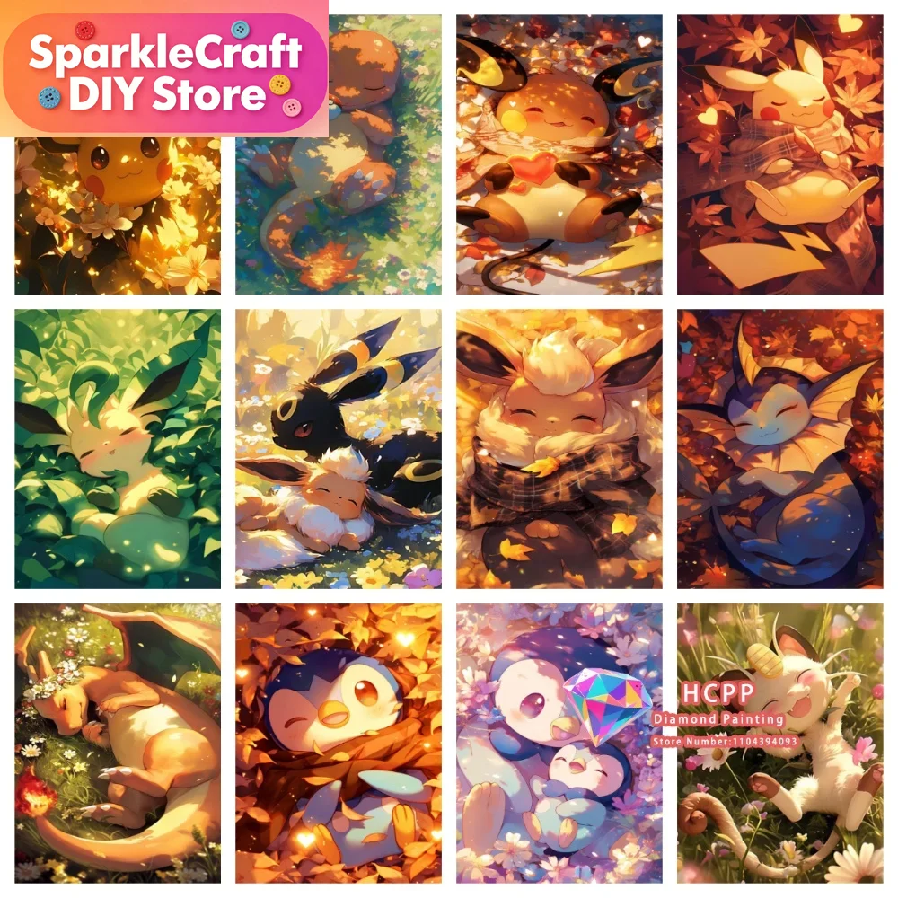 Resin Art Supplies - 1 Stück rahmenloses Cartoon-Pokemon-Pikachu-Charizard-Eevee-Vulpix-Quadrat-Rund-Diamant-Malset 5D DIY
